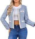 Women's Tweed Blazer Cropped Crewneck Open Front - Lace Trim