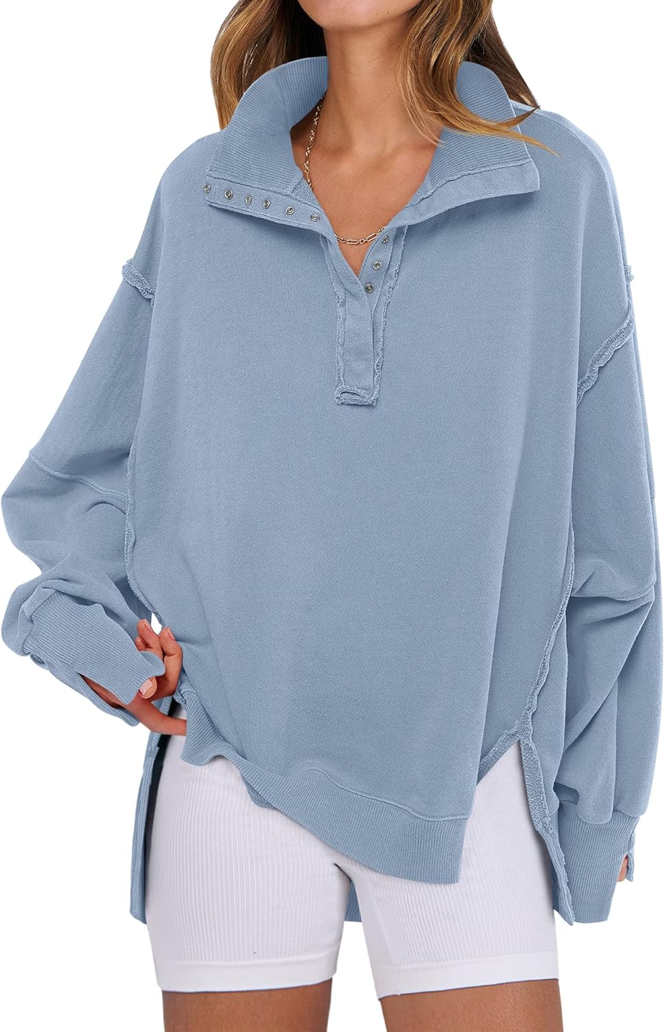 Oversized Casual Button Up Henley Pullover Top for Women