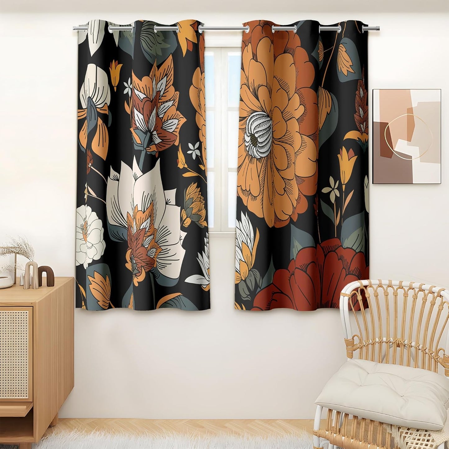 Black Boho Floral Blackout Curtains for Bedroom and Living Room