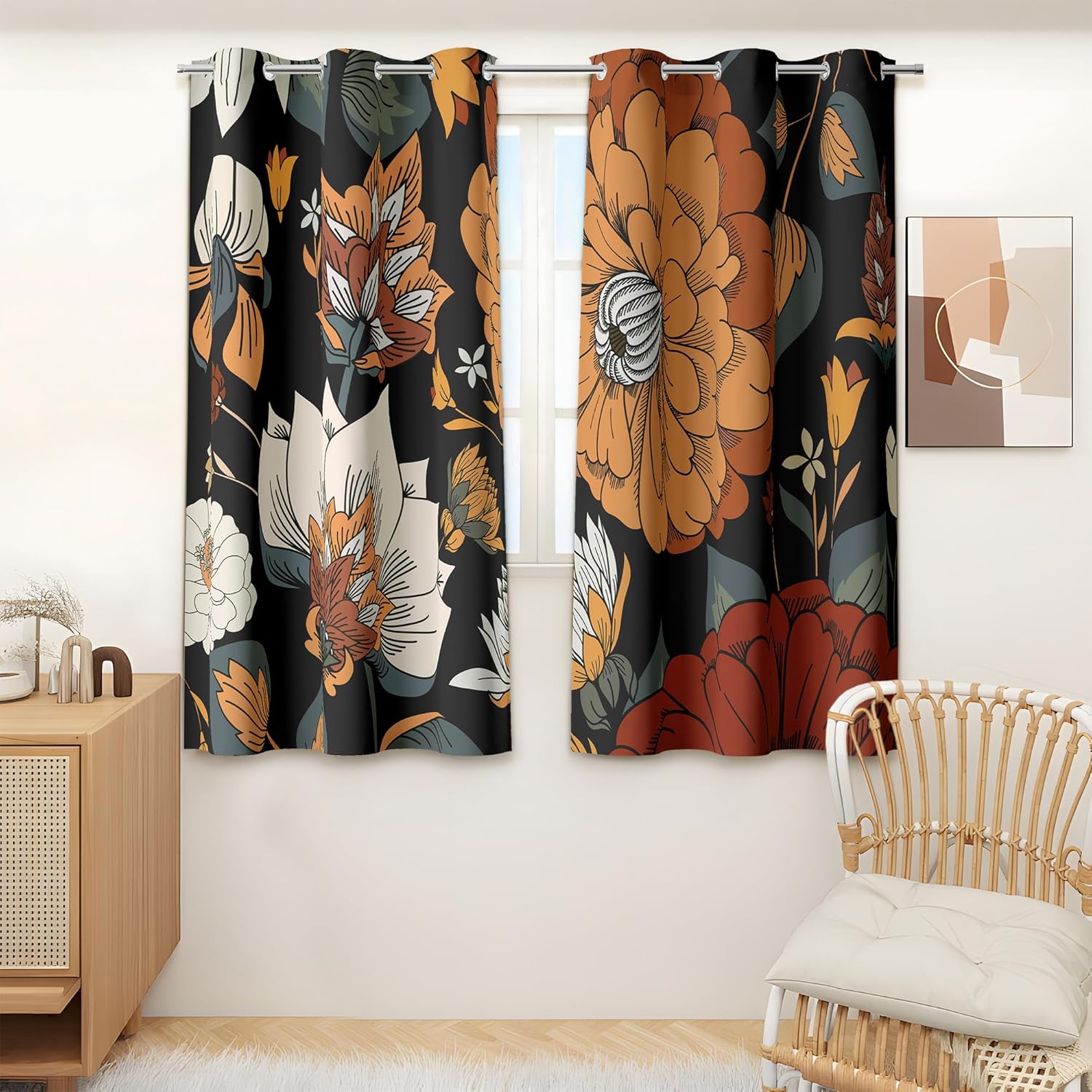 Black Boho Floral Blackout Curtains for Bedroom and Living Room
