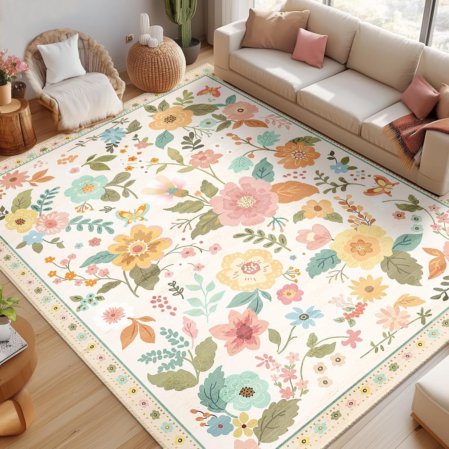 Floral 8x10 Area Rug Soft Print Boho Carpet Non Slip Doormat