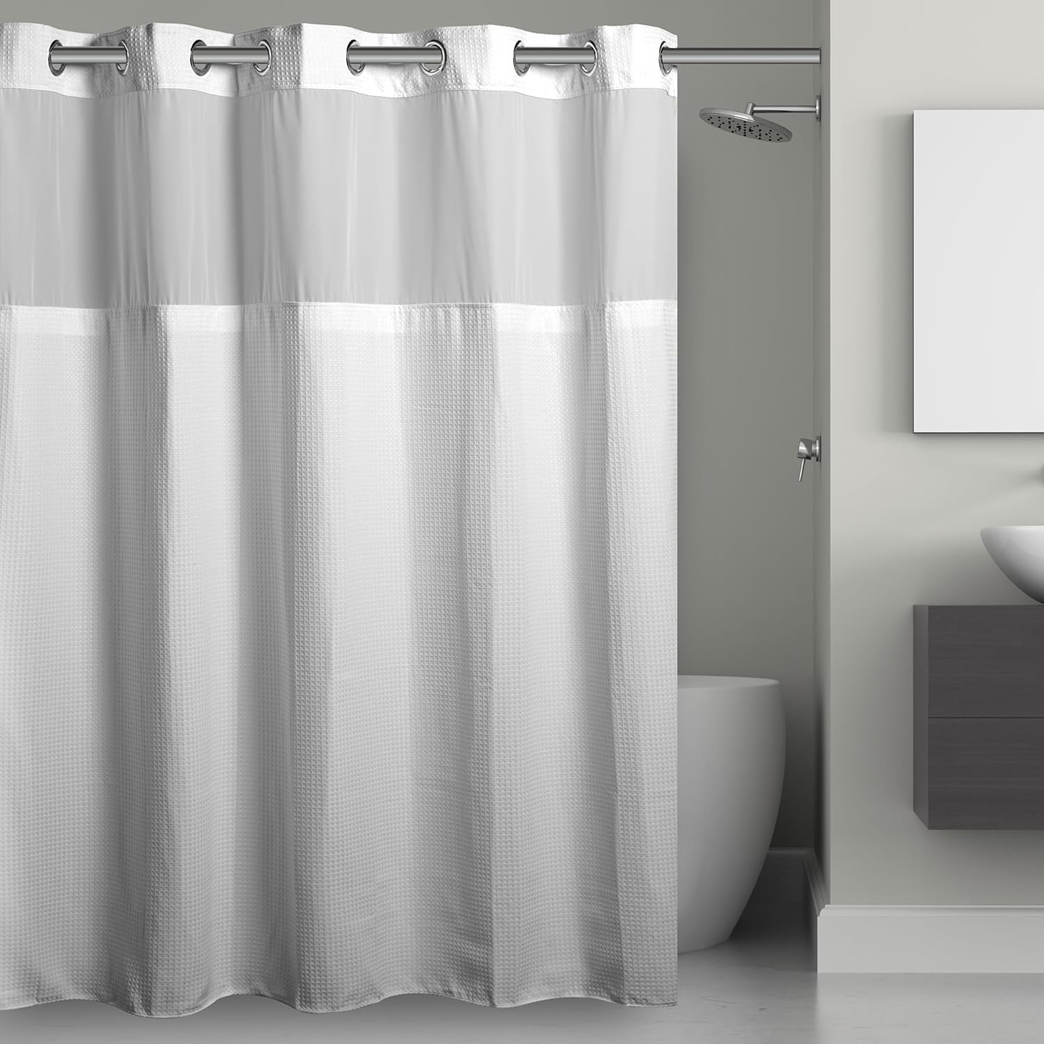 Hookless Waffle Shower Curtain Set, 3-in-1 Design, Easy Snap-On Installation