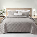 Queen Full Size Light Grey Quilt Set - 3 Piece Soft Grid Coverlet
