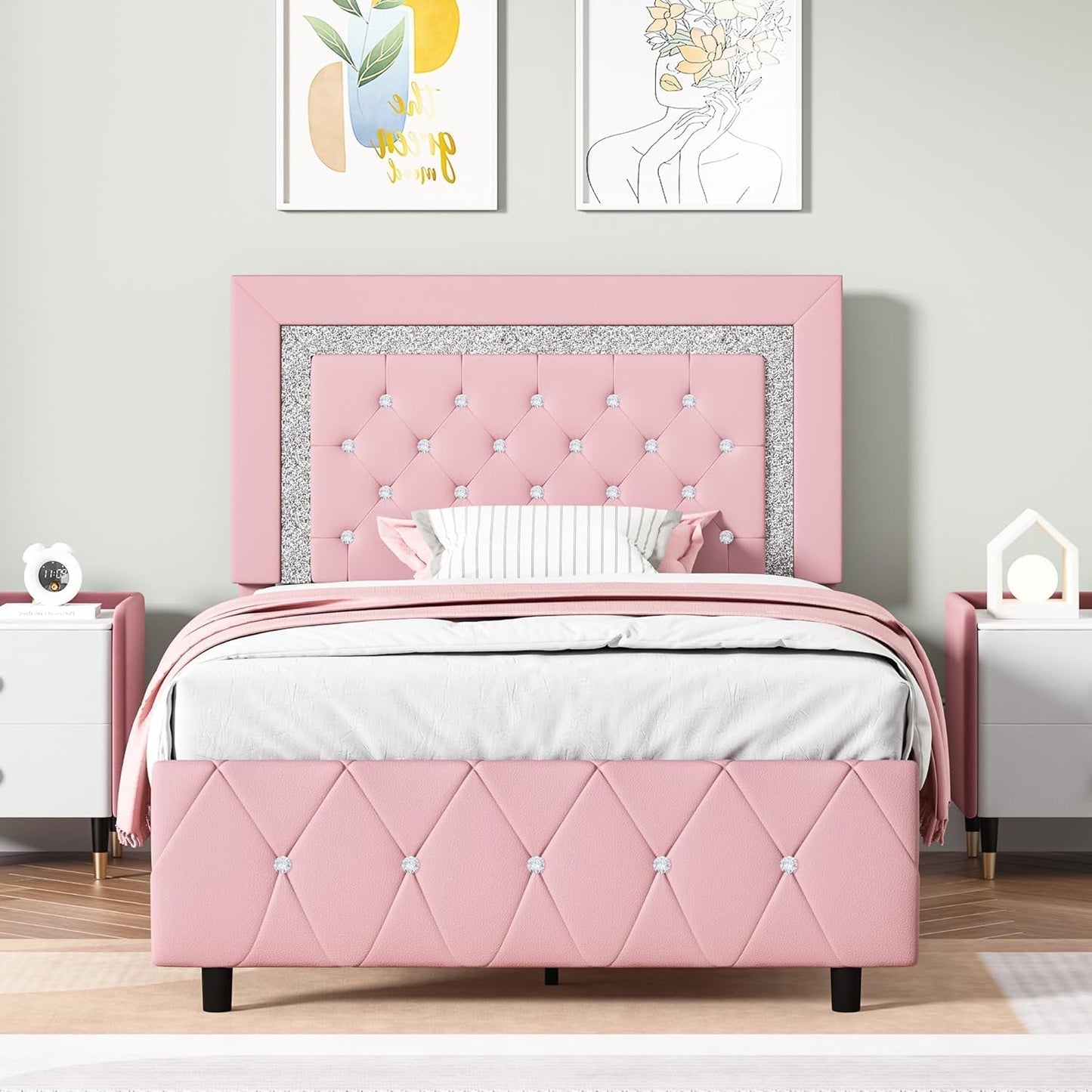 Twin Bed Frame with Headboard, Pink Faux Leather Design
