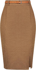 Tweed Pencil Skirt Knee Length High Waisted with Belt - Elegant