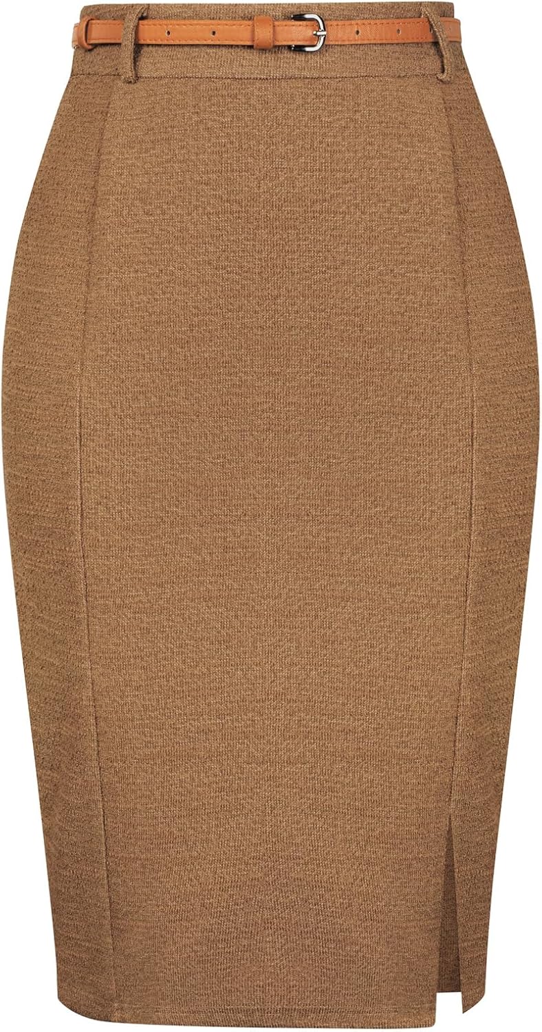Tweed Pencil Skirt for Women with Slit and Belt - Elegant Style