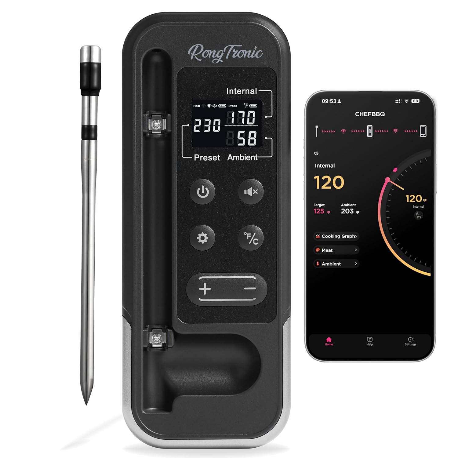 Wireless Bluetooth Meat Thermometer - Instant Read, Ultra Thin Probe - Rong Tronic
