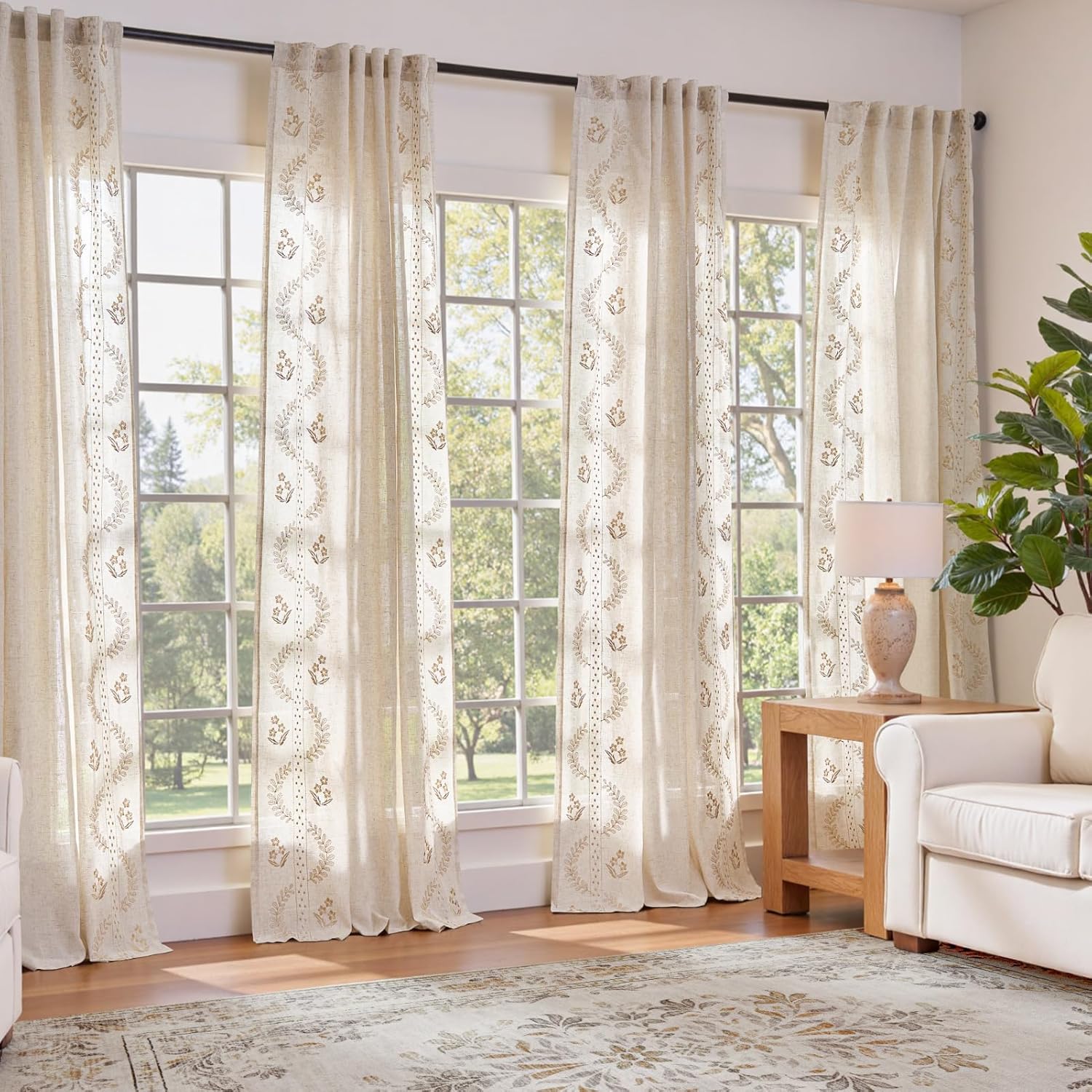 Floral Linen Blend Curtains Set of 4 for Living Room & Bedroom
