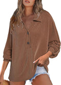 Women's Ribbed Brown Button Down Blouse - Casual Fall Top