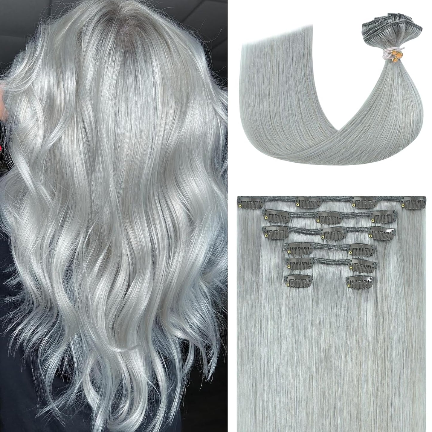 Silver Hair Extensions Clip in Real Human Hair 22 Inch 75g
