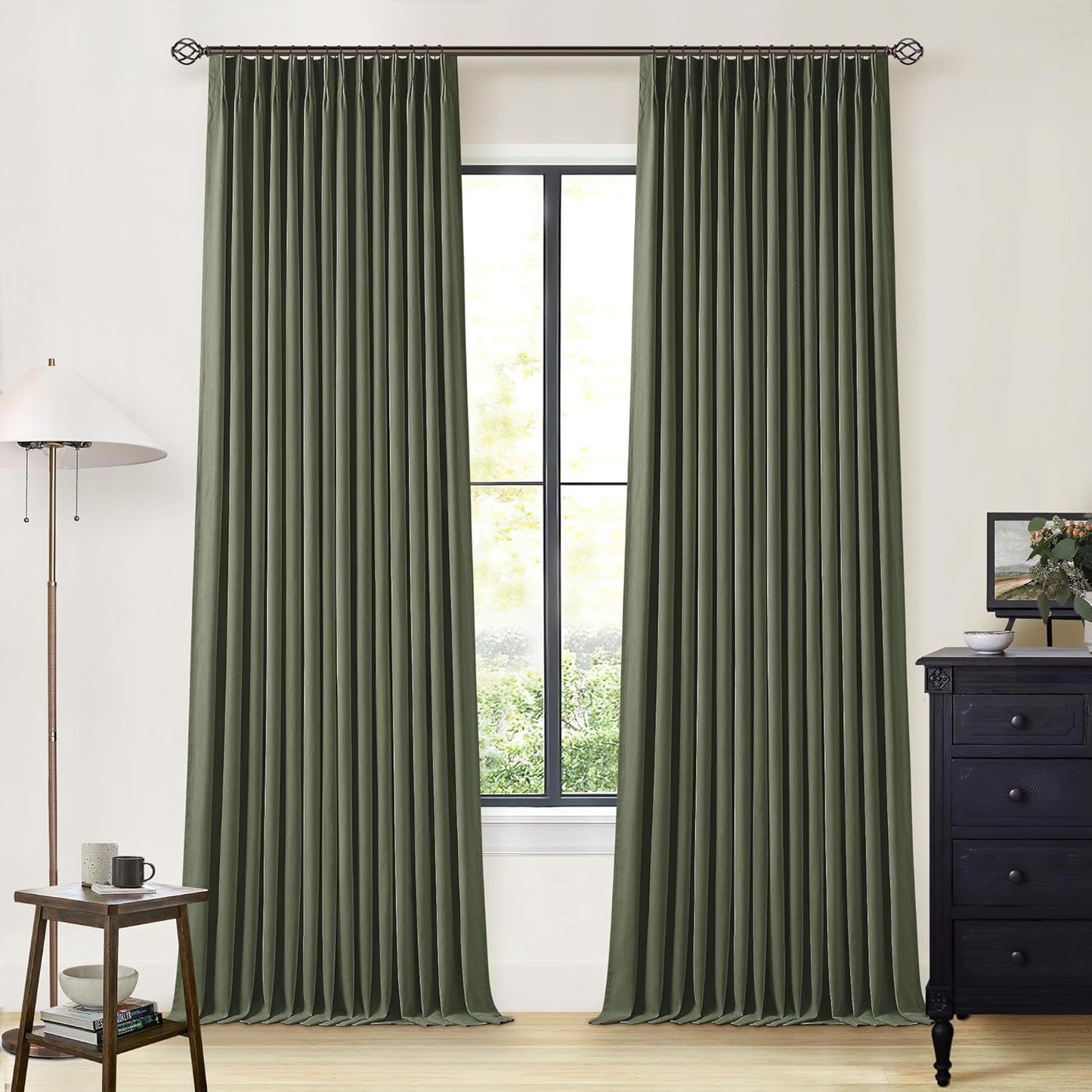 Olive Green Blackout Linen Curtains for Bedroom and Living Room