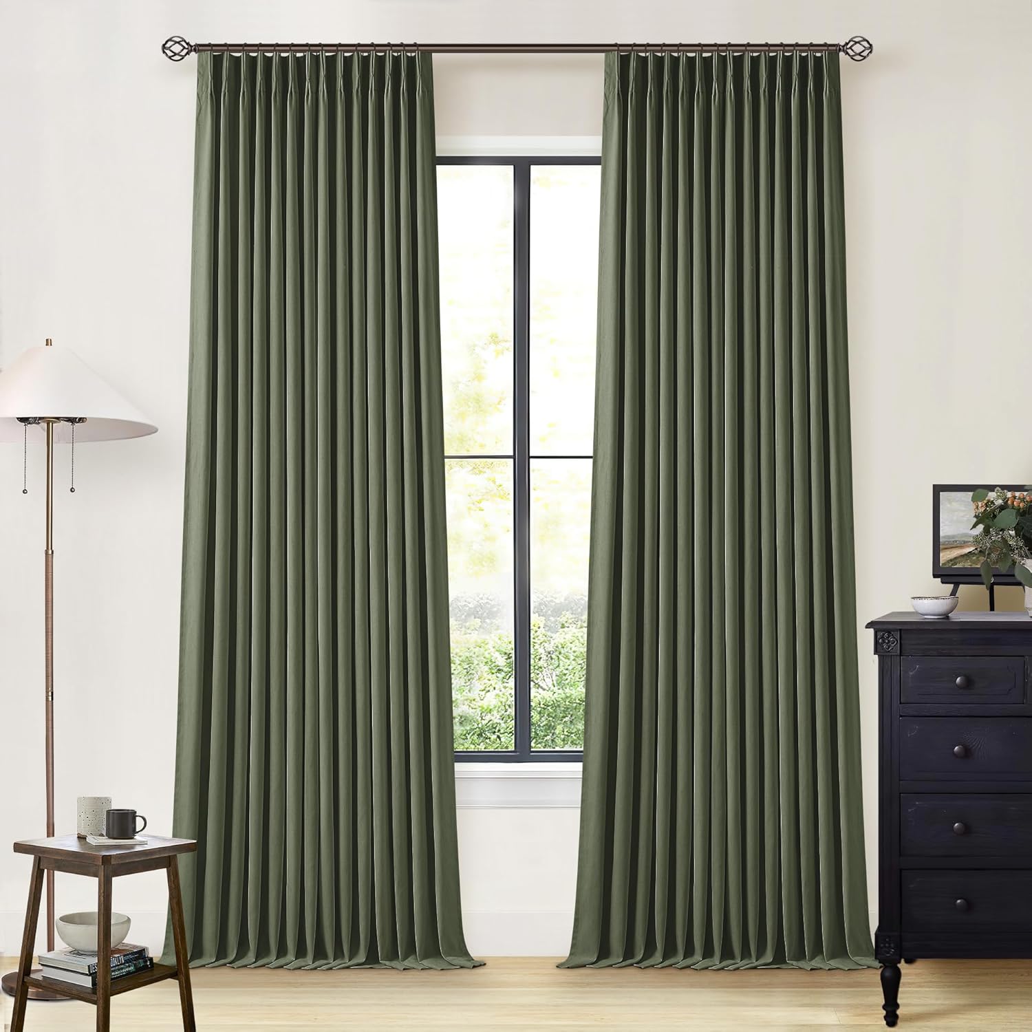 Olive Green Blackout Linen Curtains for Bedroom and Living Room