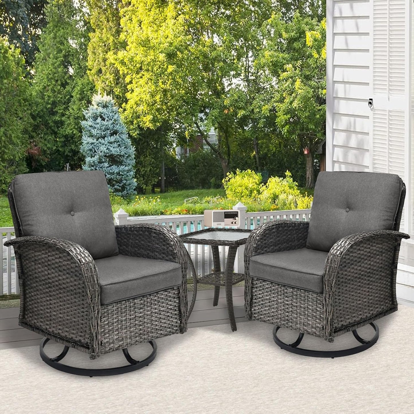 3 Piece Patio Furniture Set with Swivel Rocking Chairs and Table