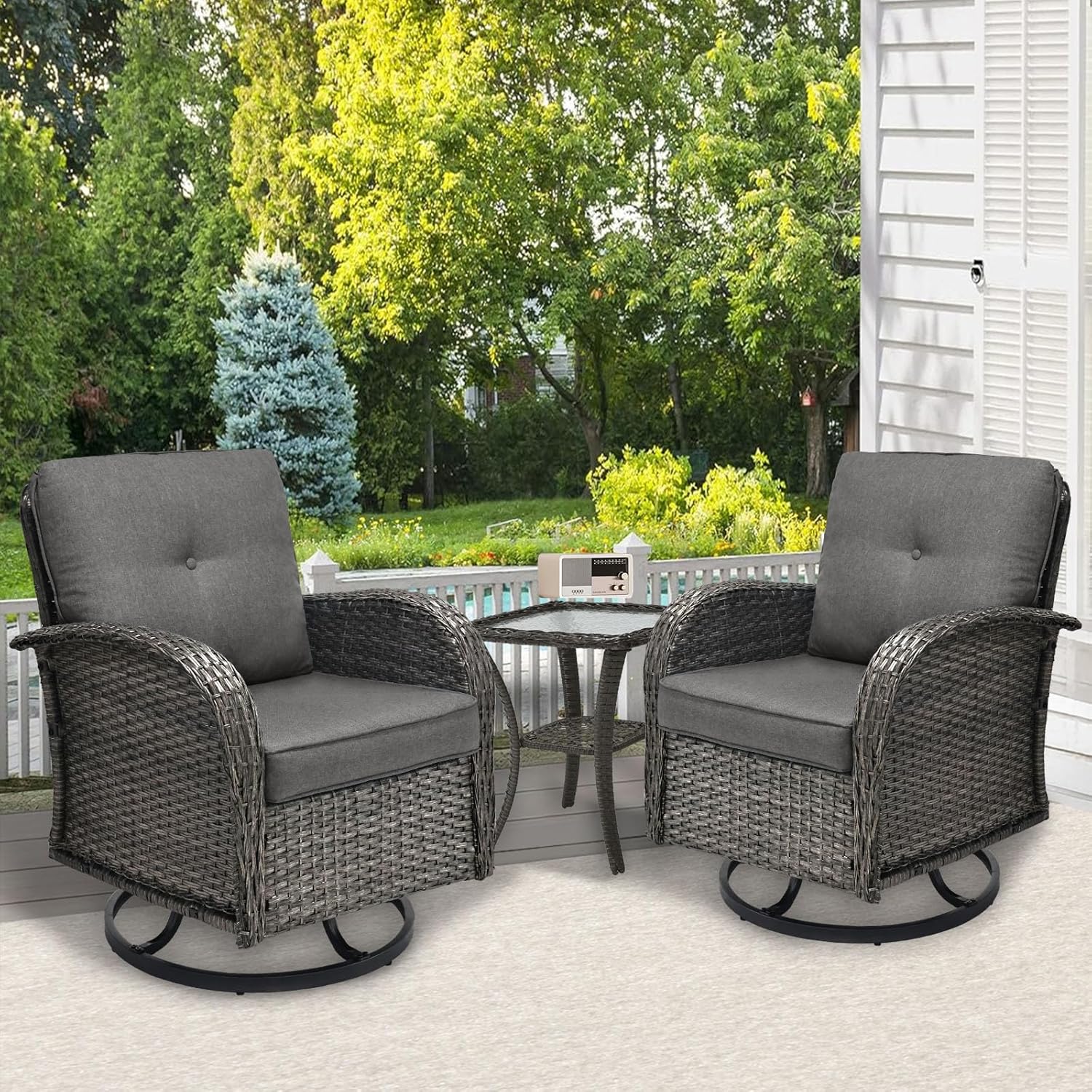 3 Piece Patio Furniture Set with Swivel Rocking Chairs and Table