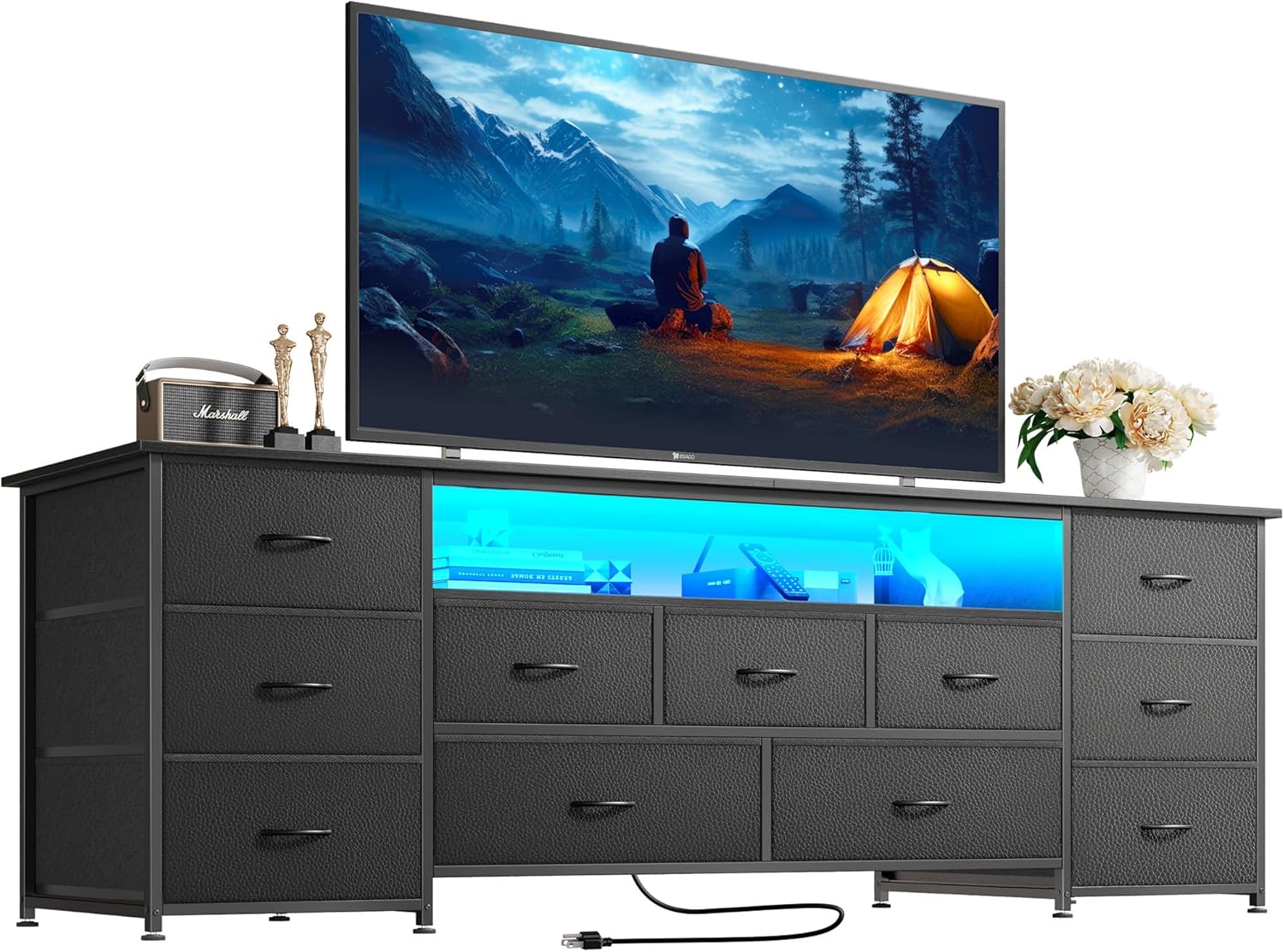 Huuger 63 TV Stand: 11-Drawer Long Dresser with Power Outlets & LED Lights