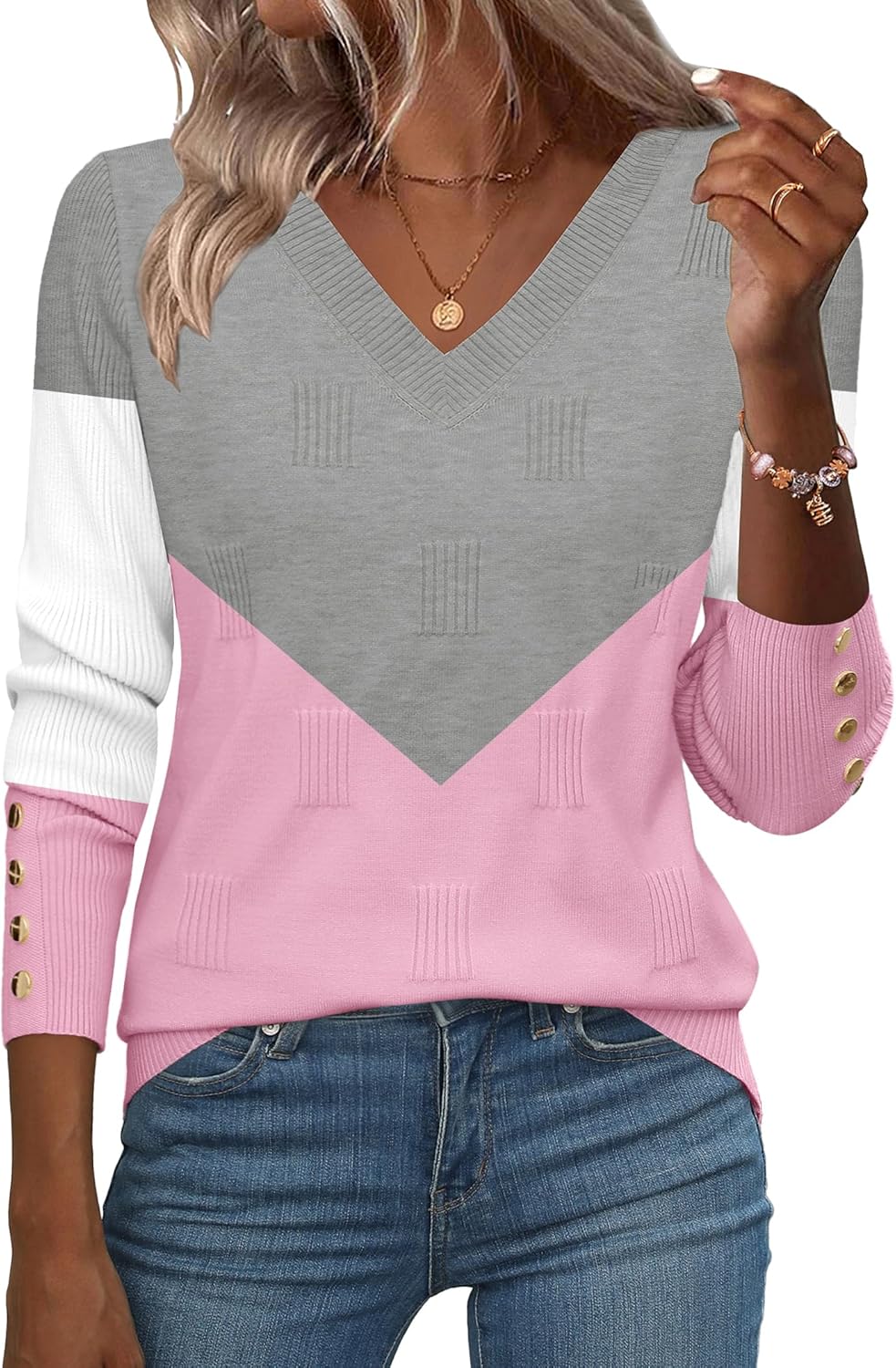 Stylish V Neck Lightweight Ribbed Knit Pullover Sweater for Women