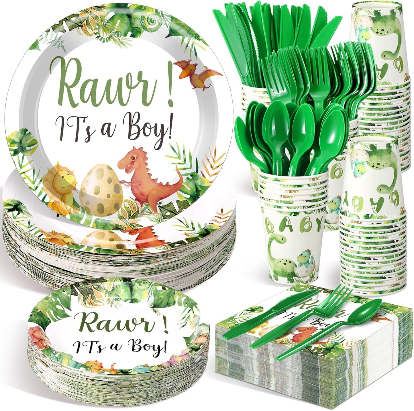 Dinosaur Baby Shower Plates Set for 50 Guests - 350 Pcs