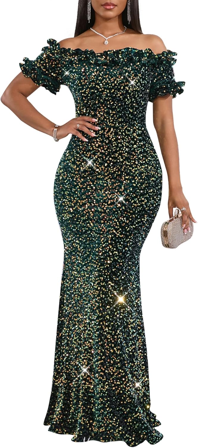 Women Sexy Sequin Off Shoulder Ruffle Bodycon Mermaid Dress
