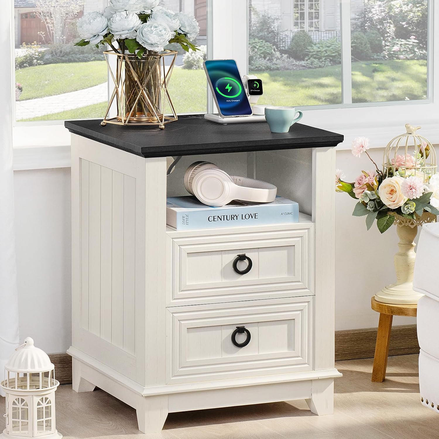 Farmhouse Night Stand with Charging Station and 2 Drawers