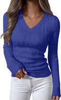 Womens Long Sleeve Cable Knit V Neck Sweater - Slim Fitted Pullover