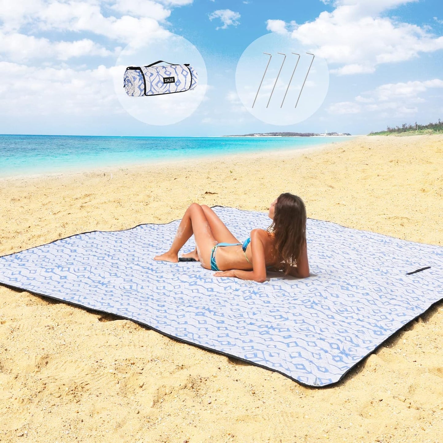 ZAZE Beach Blanket Waterproof Sandproof Oversized Mat for Outdoor