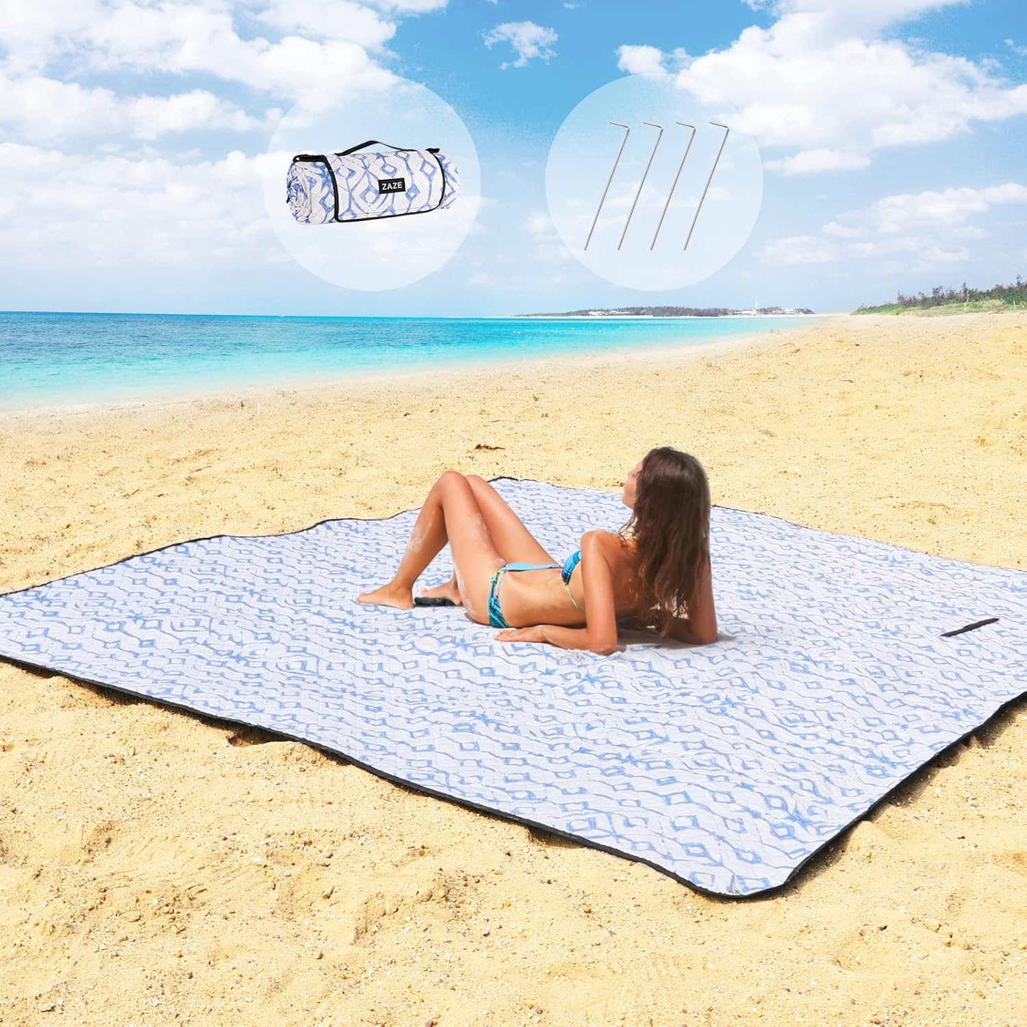 ZAZE Beach Blanket Waterproof Sandproof Oversized Mat for Outdoor