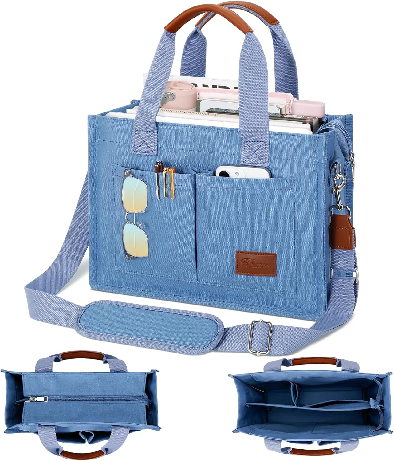 KKXIU Large Canvas Tote Bag with Zipper and Compartments