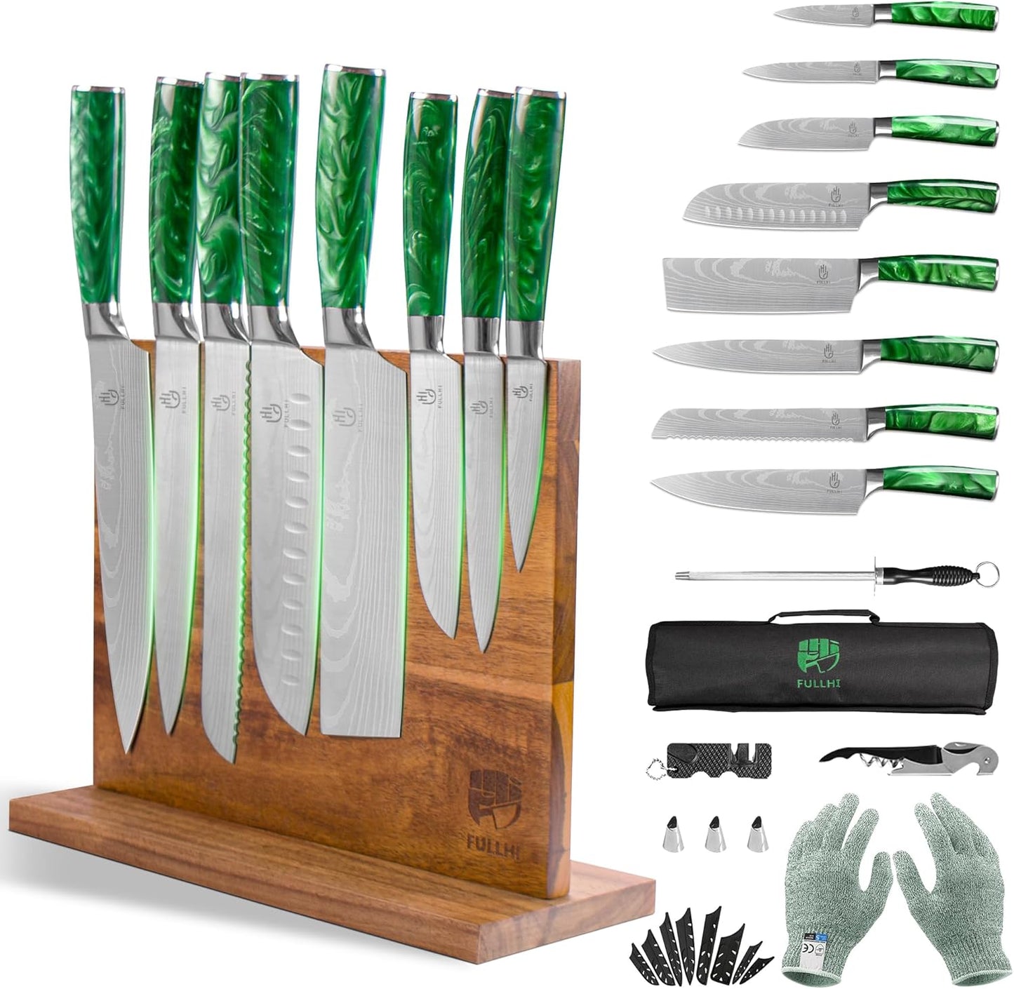 FULLHI 15pcs Japanese Knife Set with Magnetic Block Holder
