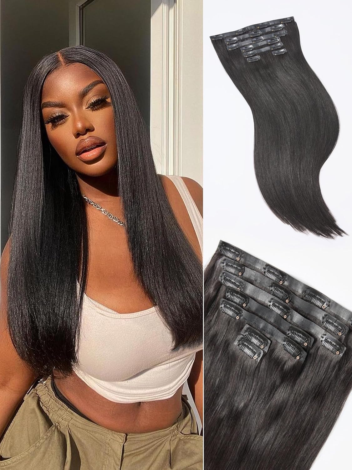 LUVME Yaki Straight Seamless Clip in Hair Extensions 16in