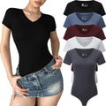 FMNNNN 5 Piece Womens Short Sleeve V Neck Bodysuits - Stretchy Basics