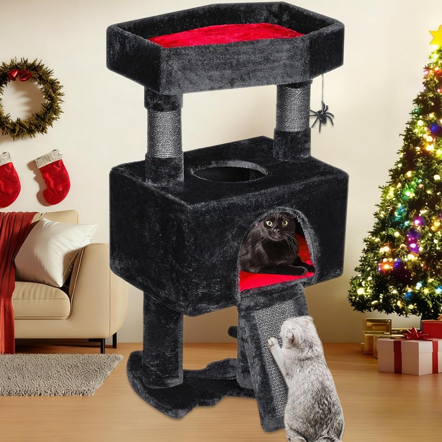 Gothic Cat Tree Tower with Coffin Bed and Spider Toy for Cats