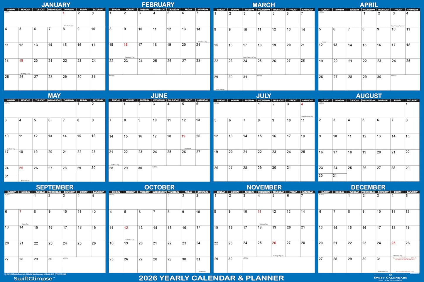 48in x 72in SwiftGlimpse Jumbo Wall Calendar for 2026 Planning