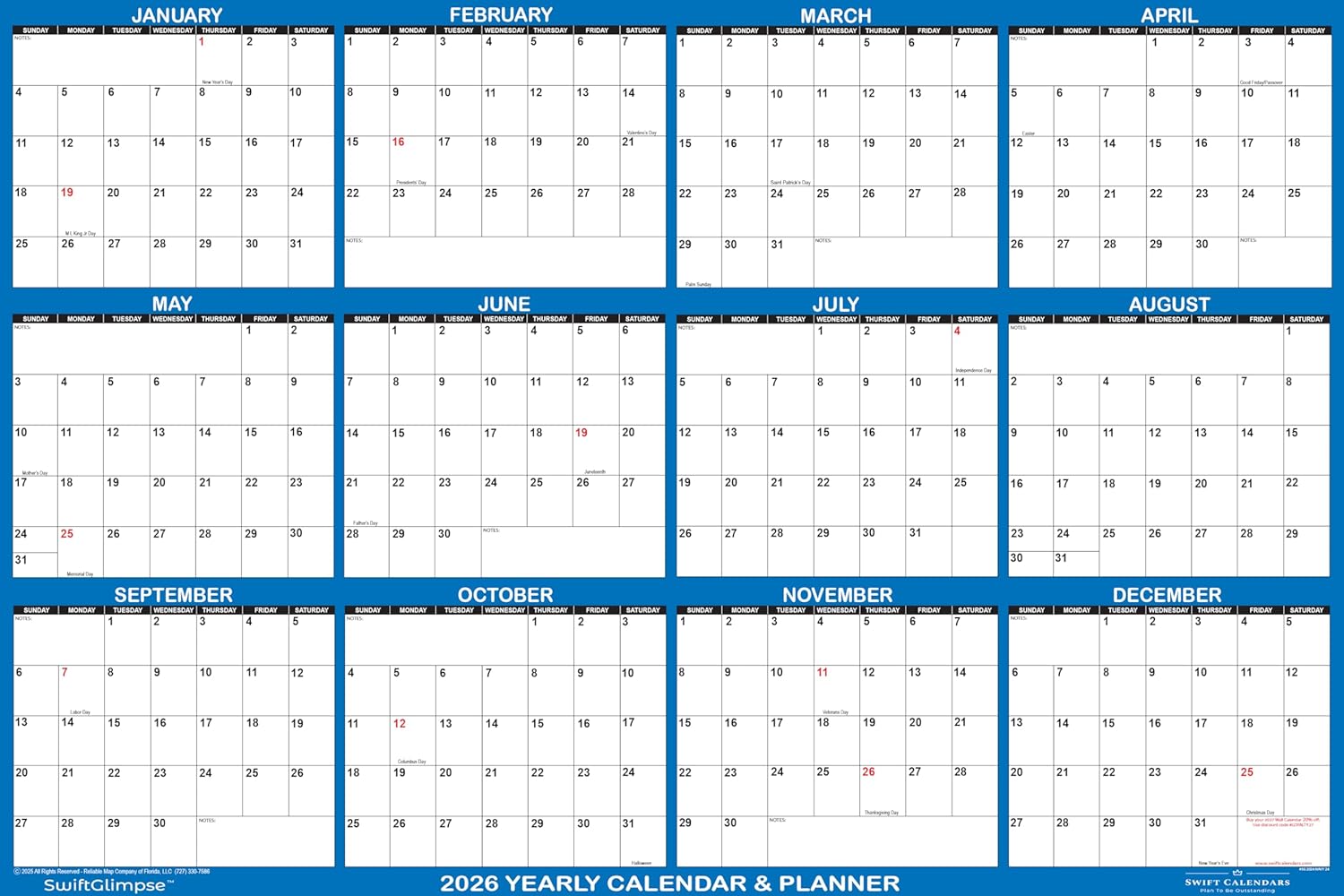 48in x 72in SwiftGlimpse Jumbo Wall Calendar for 2026 Planning