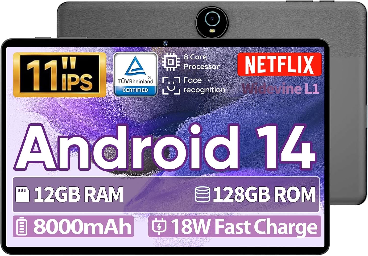 11 Inch Android 14 Tablet with Face Unlock and 12GB RAM