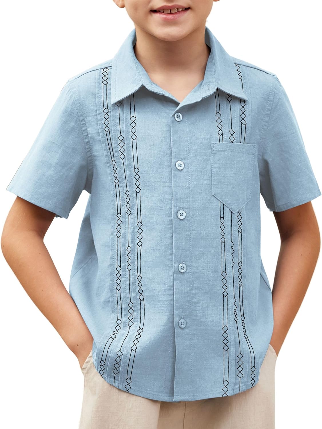 Boys Guayabera Shirt Short Sleeve Cotton Linen Summer Tops