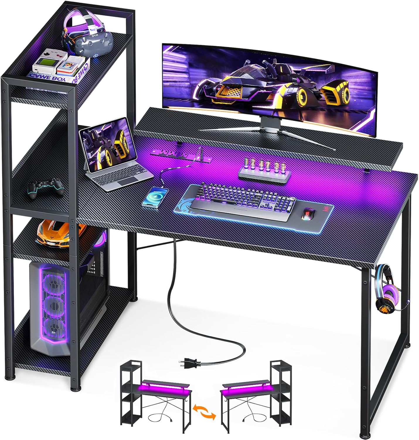 ODK Reversible Gaming Desk with USB & LED Lights