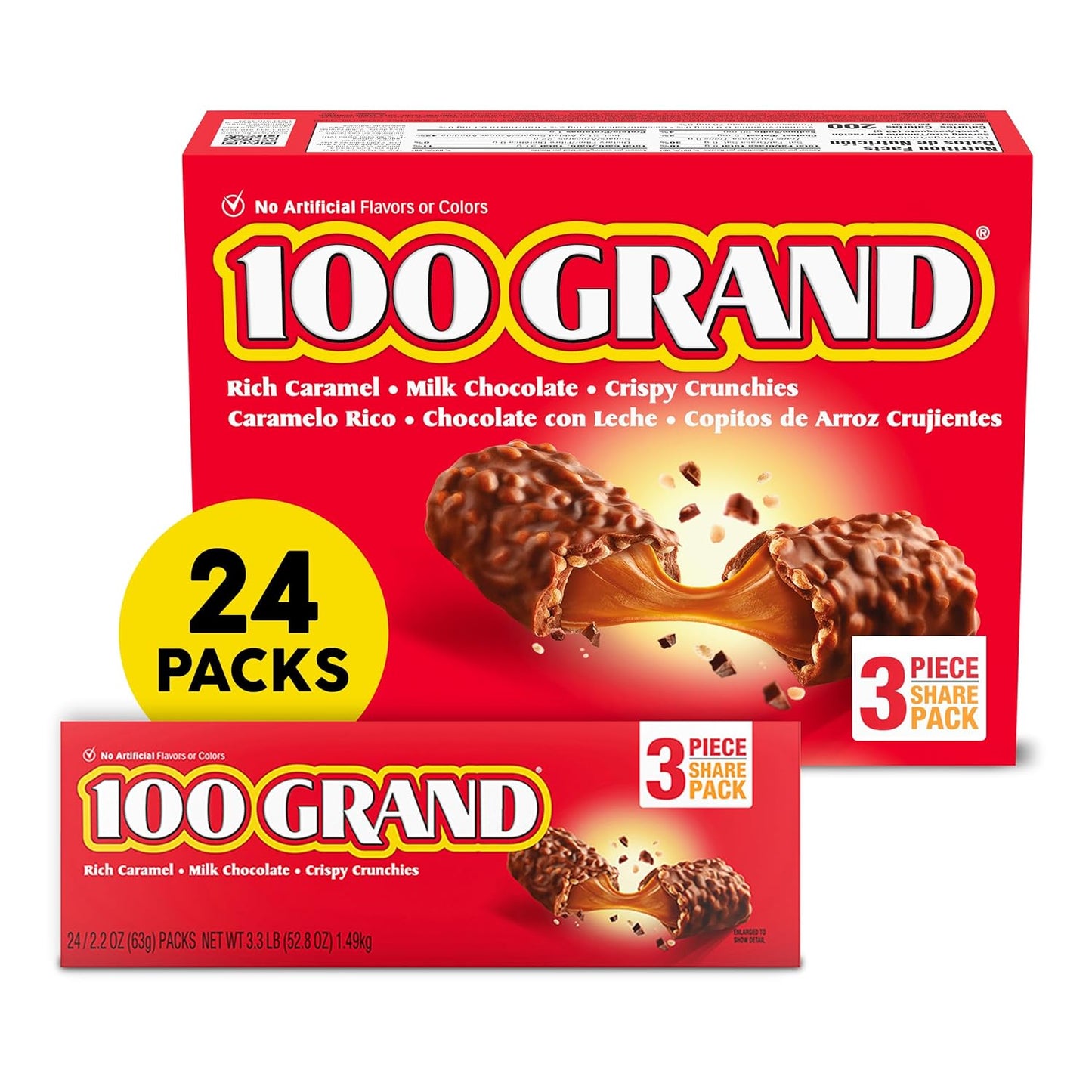 100 Grand Crispy Milk Chocolate Bars with Caramel, 24 Count