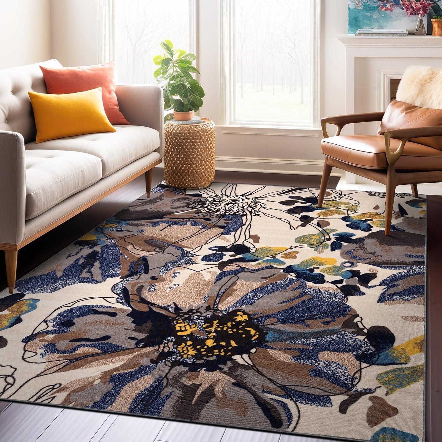 Rugshop Cream Bright Flowers Non Slip Area Rug for Any Room