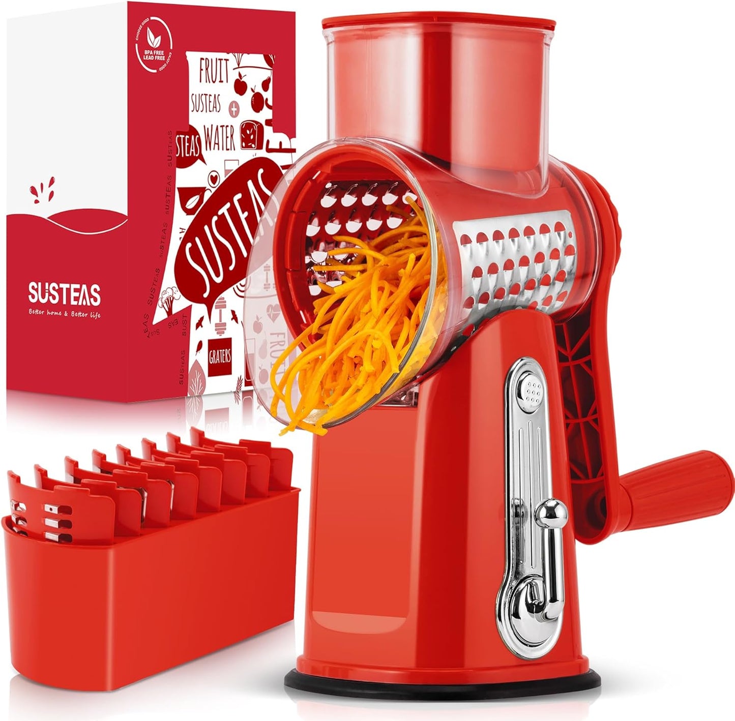 SUSTEAS Rotary Cheese Grater with Handle for Quick Shredding