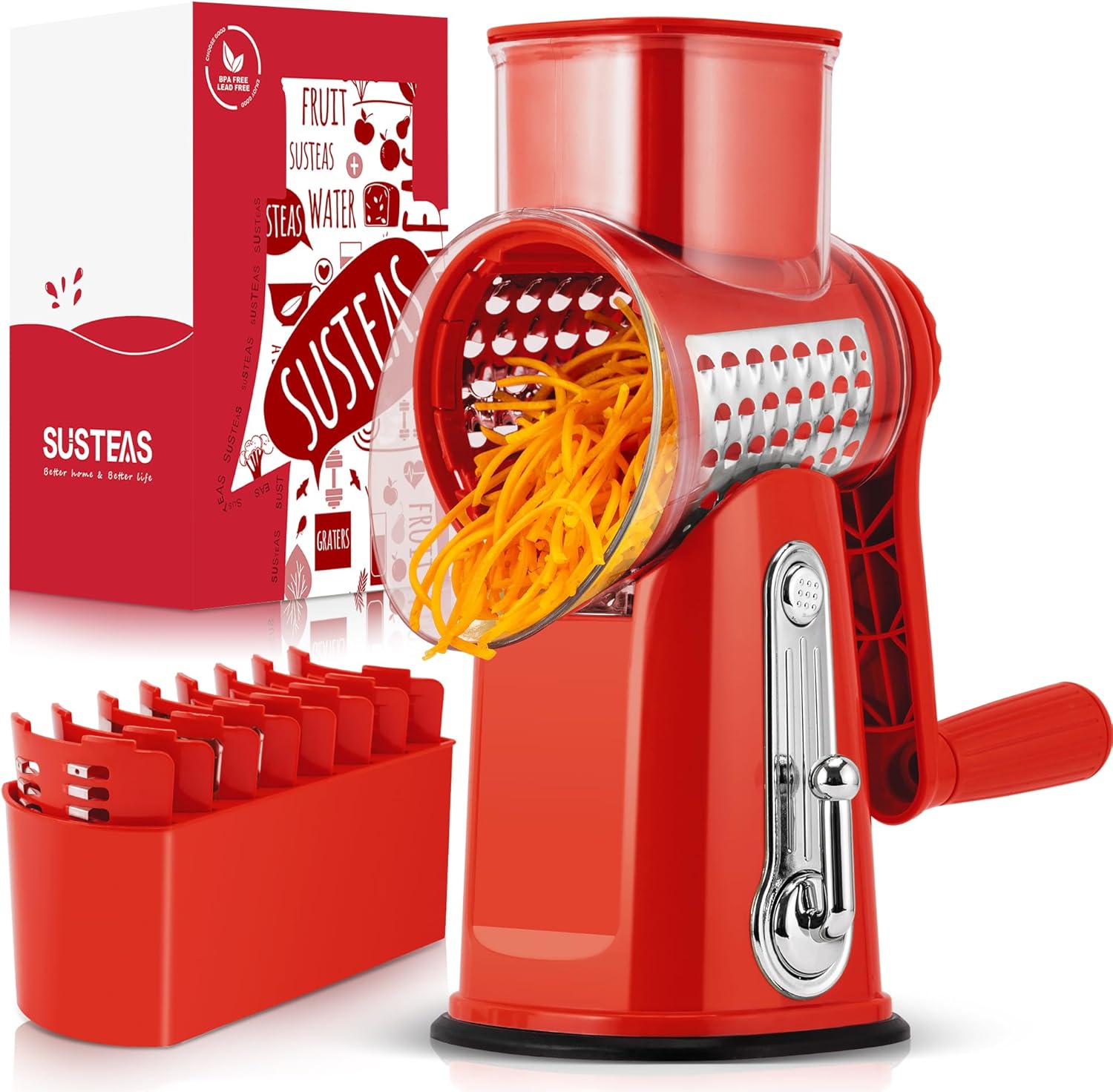 SUSTEAS Rotary Cheese Grater with Handle for Quick Shredding