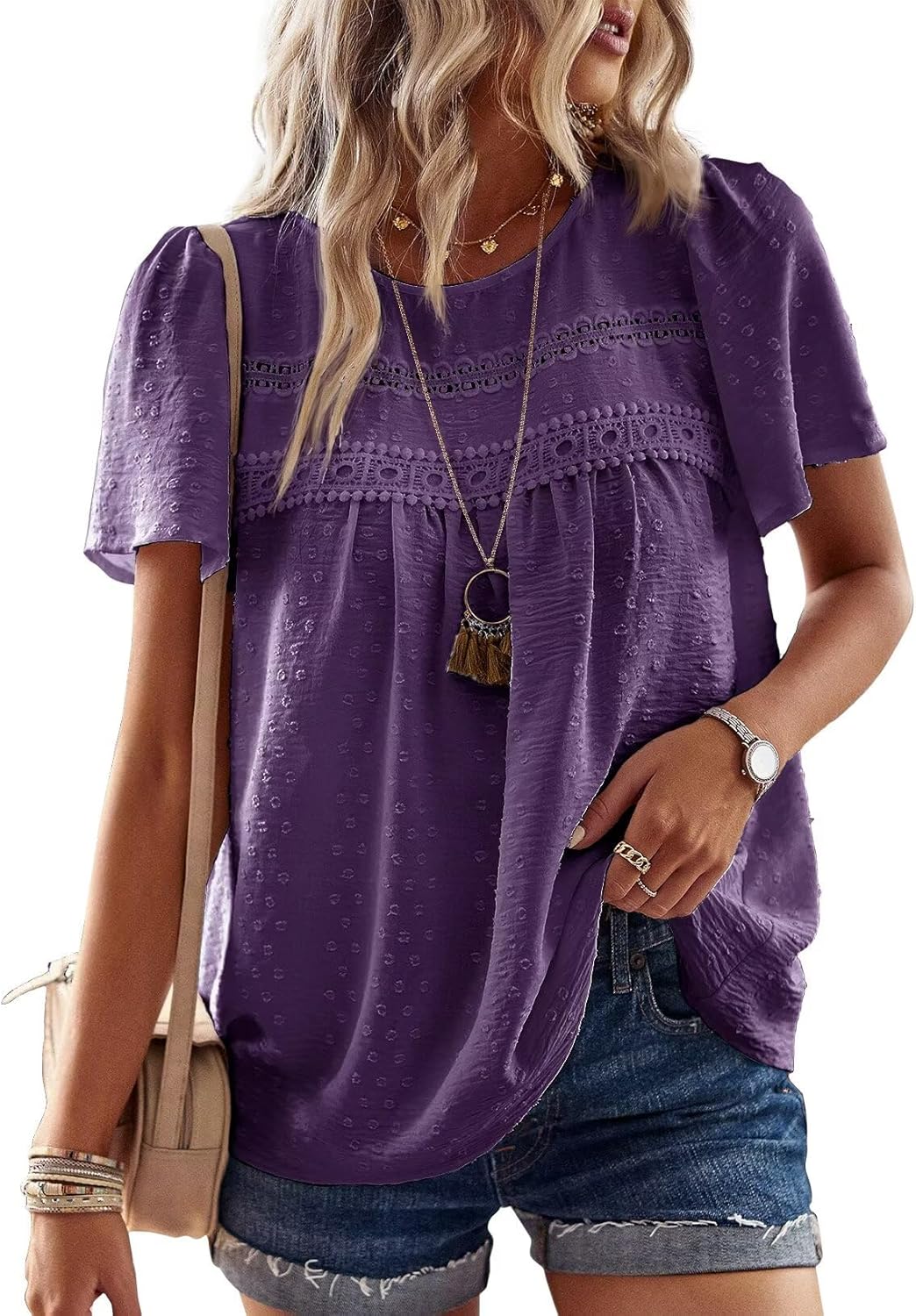 Womens Summer Tops Crewneck Short Sleeve Casual Chiffon Blouses