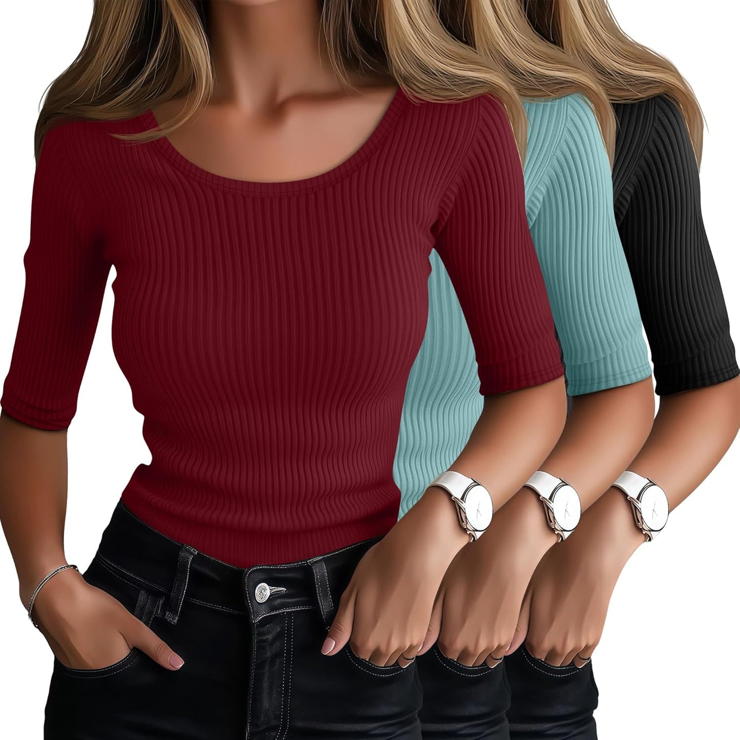 Ficerd 3 Pack Elbow Length Shirts for Women Summer Trendy