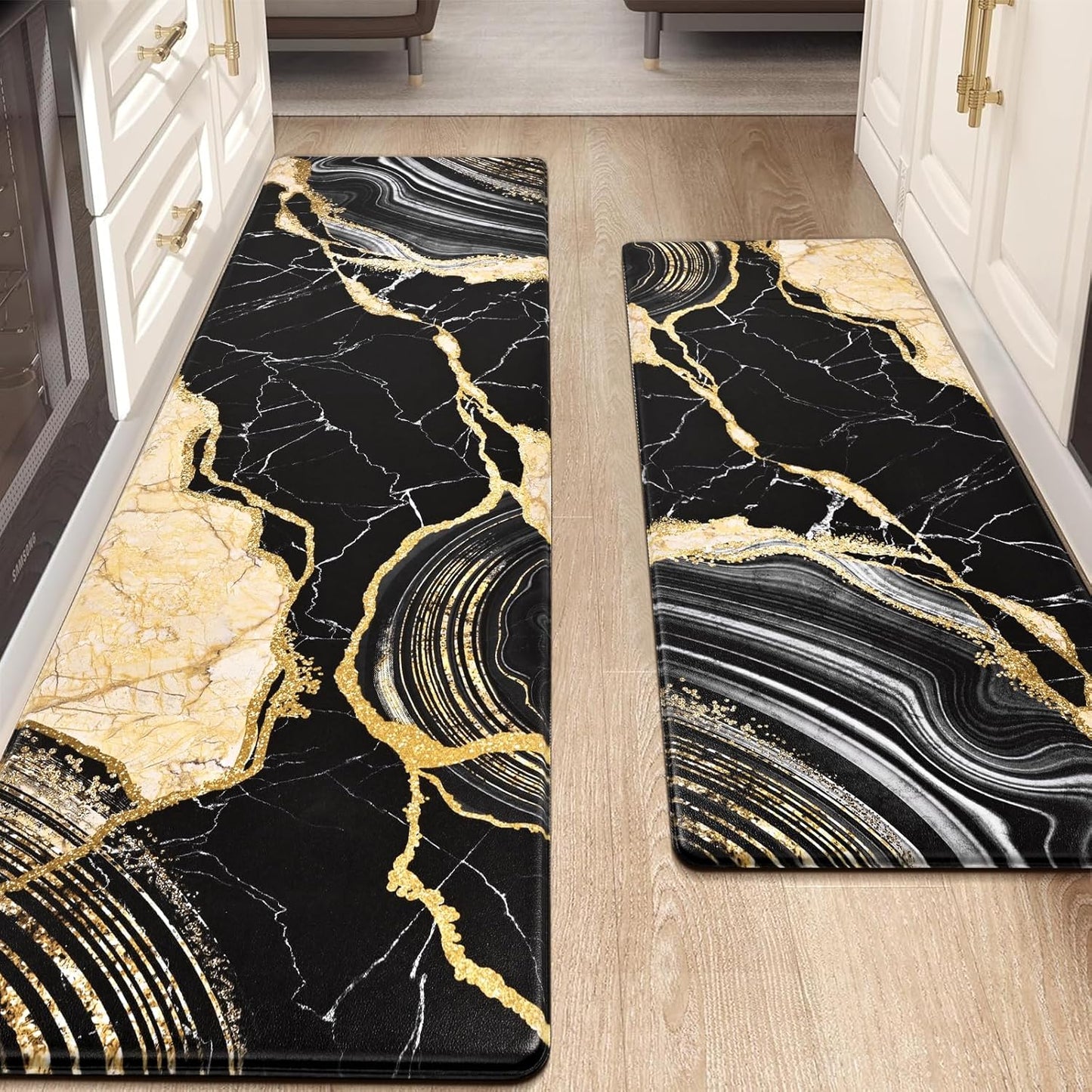 Stylish Black Gold Marble Kitchen Runner Rugs Set for Comfort
