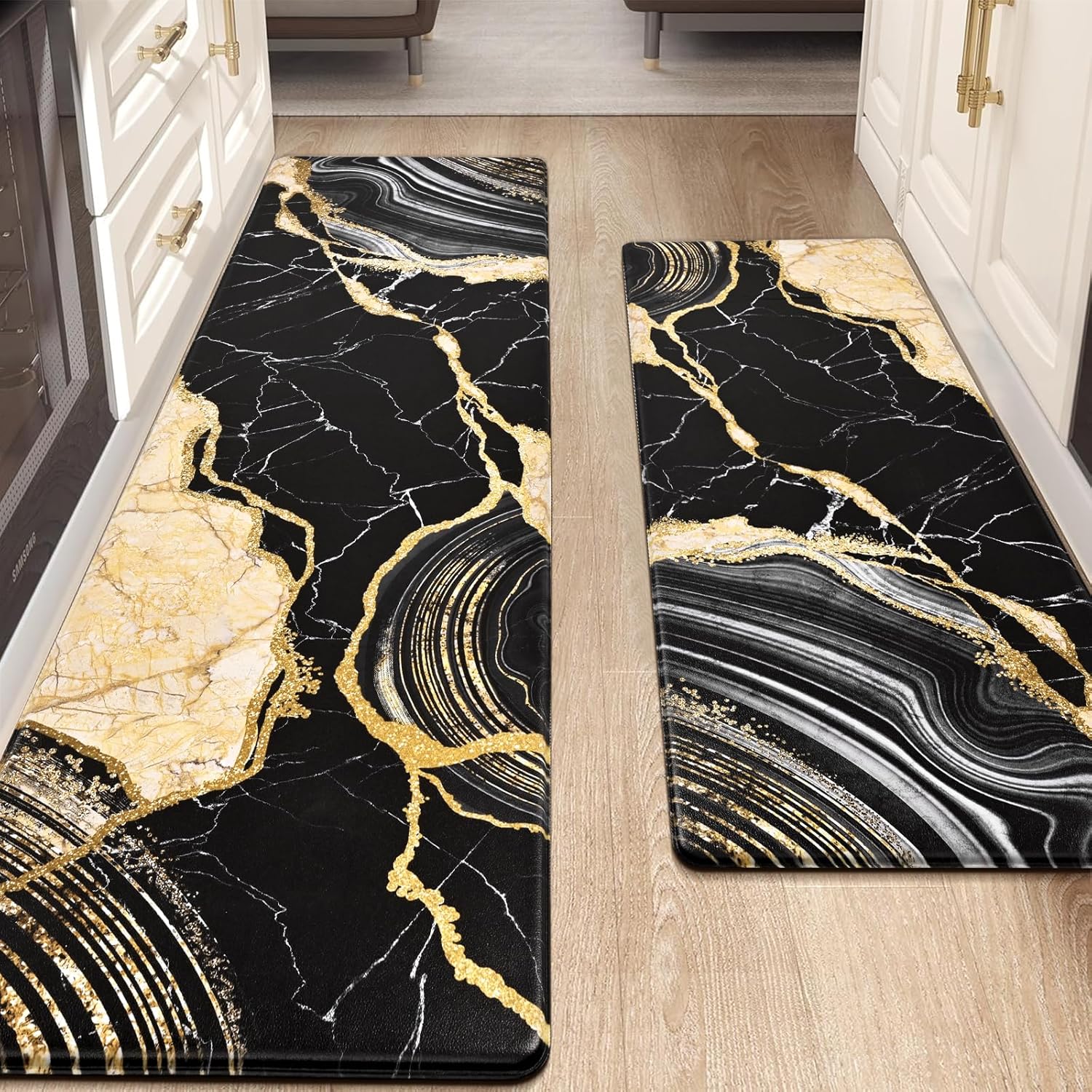 Stylish Black Gold Marble Kitchen Runner Rugs Set for Comfort