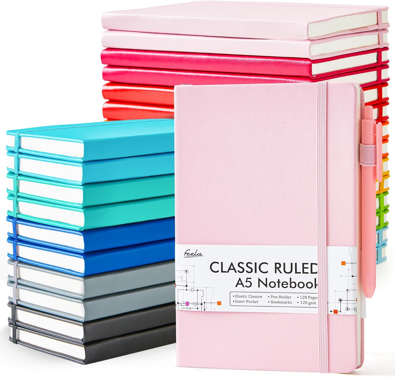 feela 24 Pack Lined Hardcover Journals + 24 Pens: Perfect for Work & School