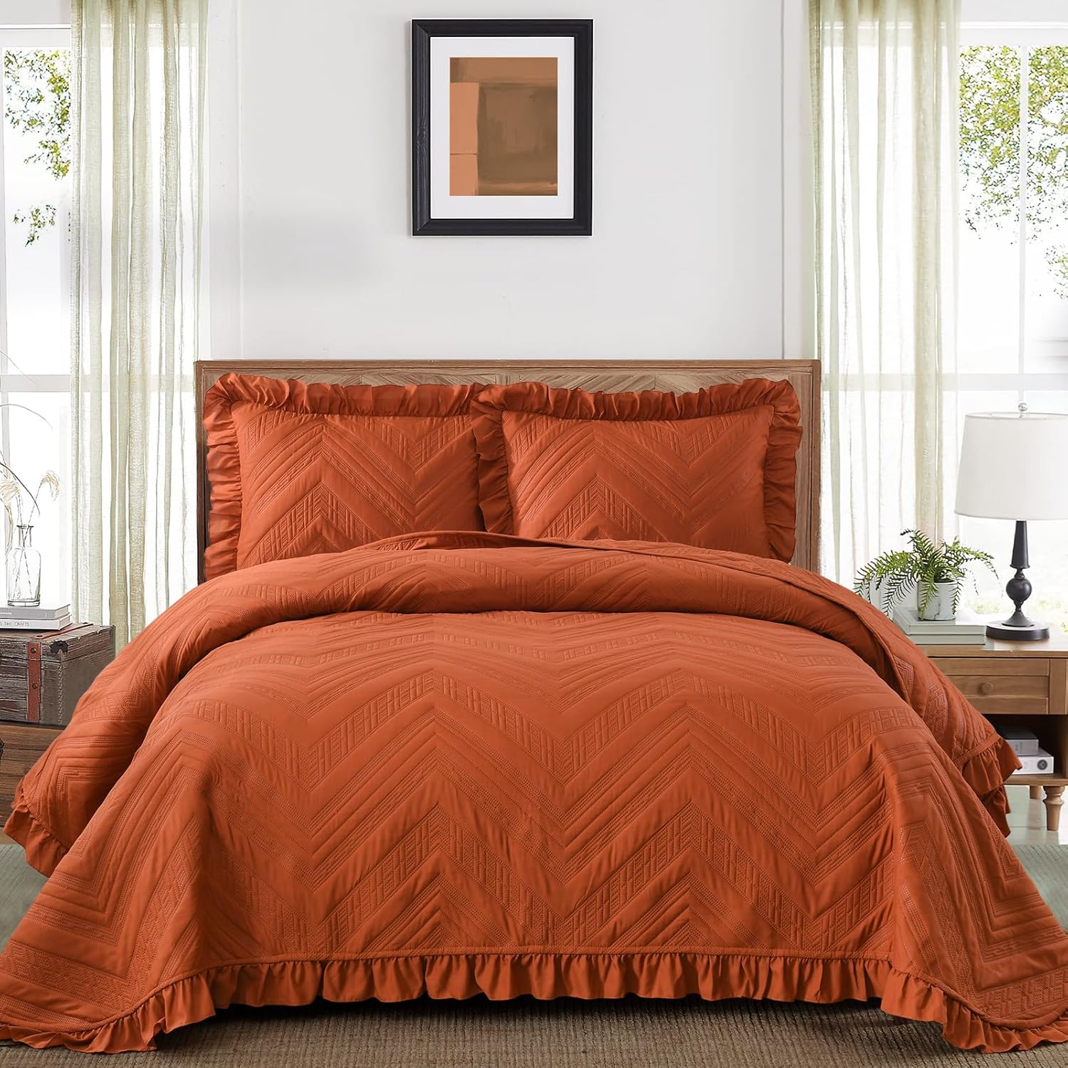 Fall Queen Quilt Bedding Set for All Season with Ruffles