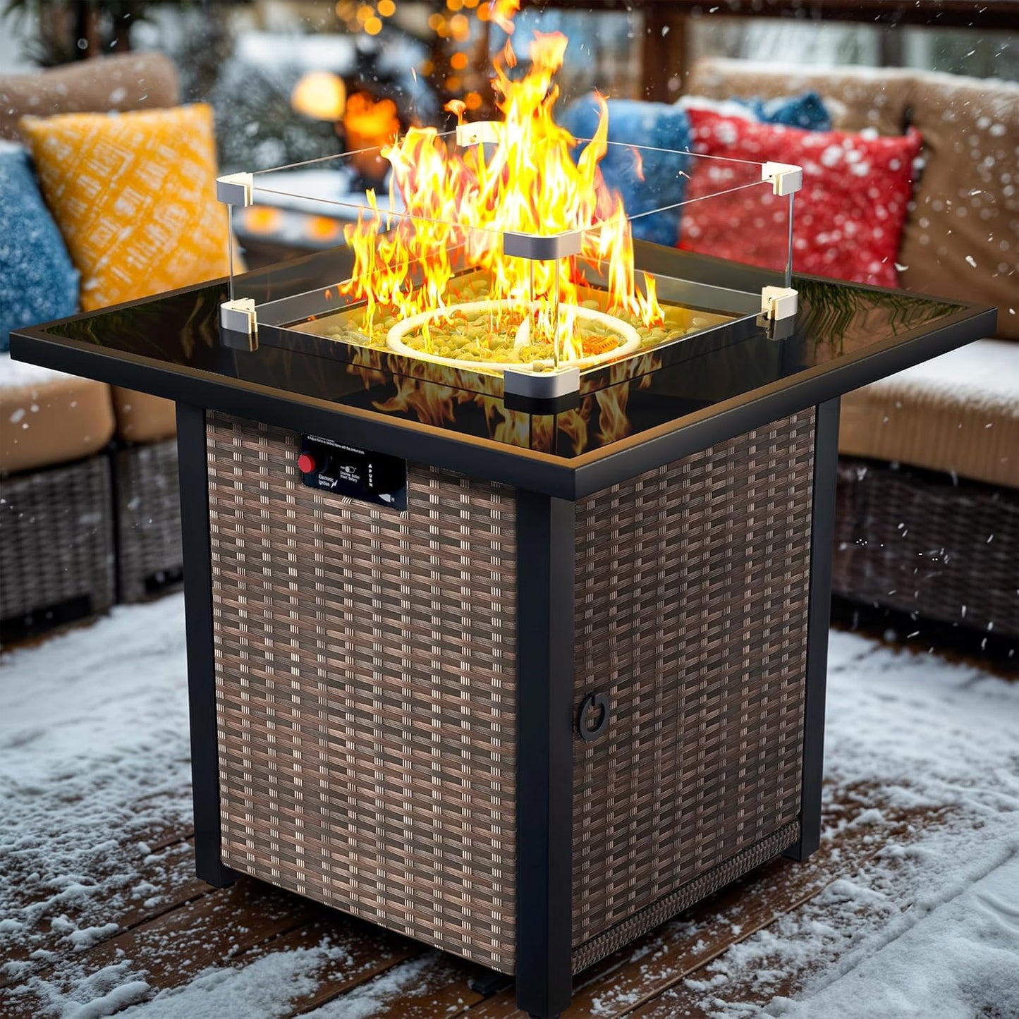 28in Rattan Square Outdoor Gas Fire Pit Table with Glass Guard