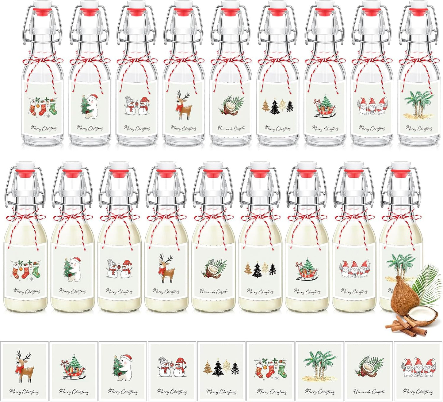 16 Pcs Merry Christmas Coquito Swing Top Glass Bottles Set