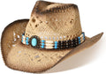 Straw Cowboy Hat for Men Womens with Turquoise Stone Band - Medium