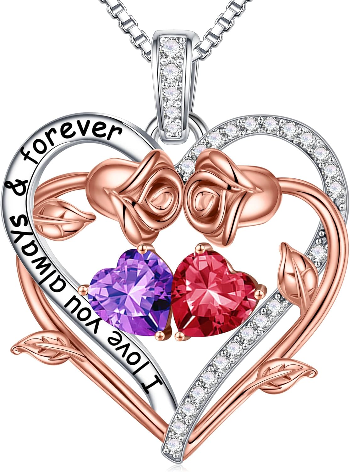 Rose Heart Double Birthstone Necklace for Women - Perfect Gift